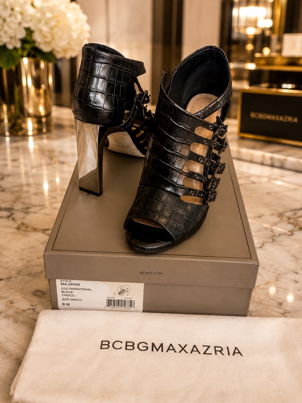 BCBGMaxAzria Black Croc-Embossed Peep-Toe Buckle Heels with Metallic Block Heel